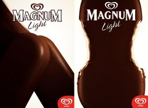 Subliminal Magnum reklamı. Dondurmalar kadın vücuduna benzetilmiş.
